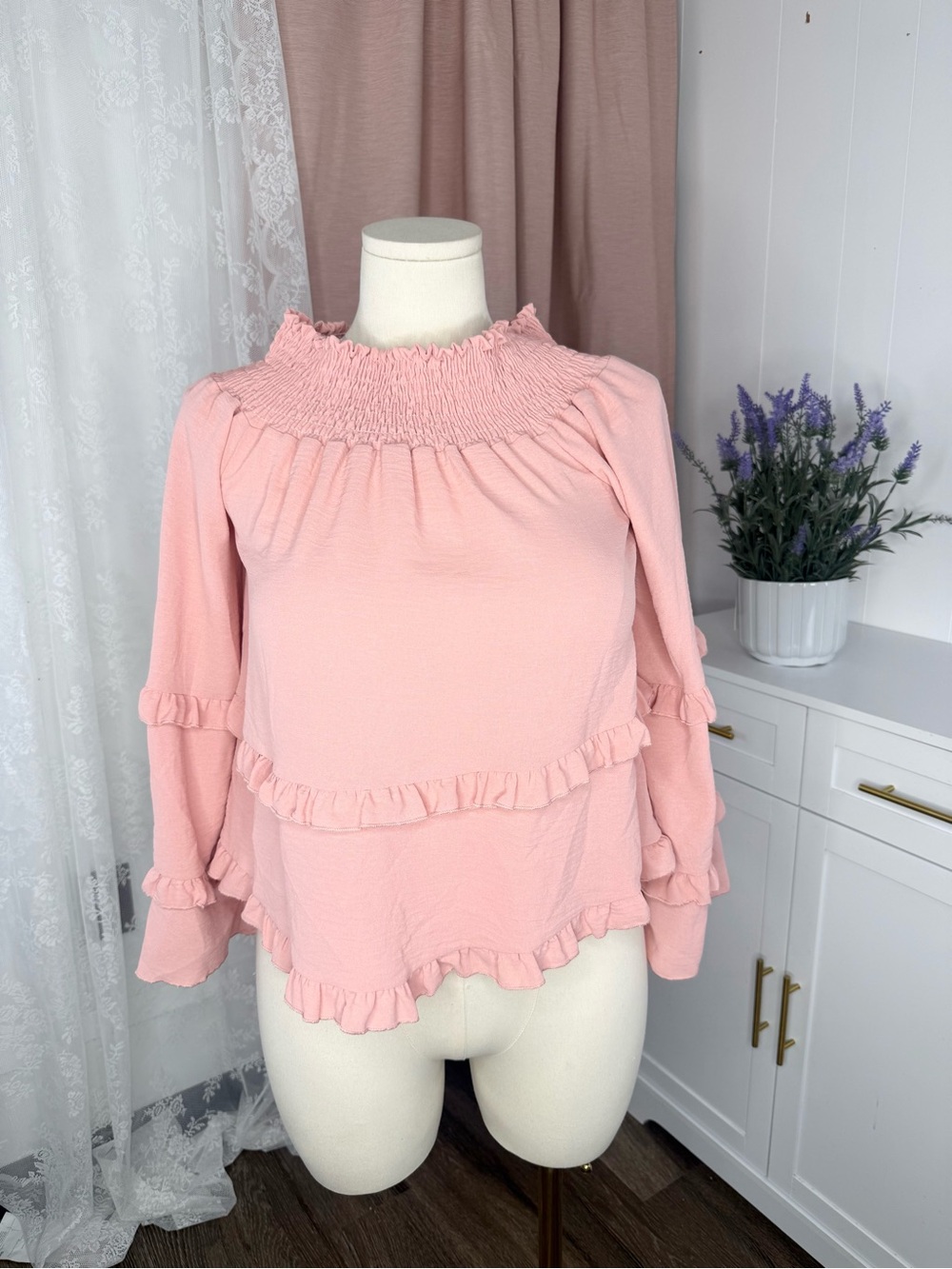 Saints and Hearts Smocked Neck Pink Ruffle Long-Sleeve Top BIN#14